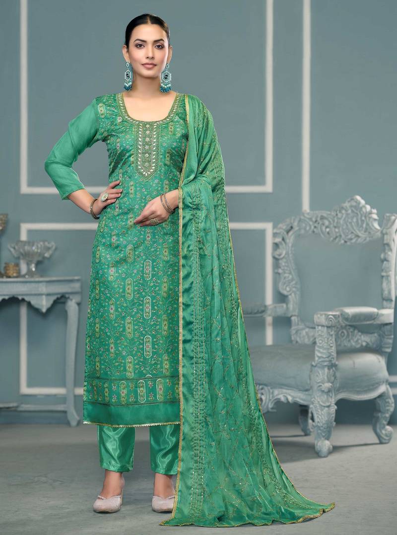 Light-green sequins organza semi stitched churidar dress-materials