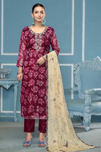 Magenta woven viscose semi stitched churidar dress-materials