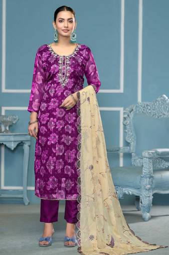 Purple woven viscose semi stitched churidar dress-materials