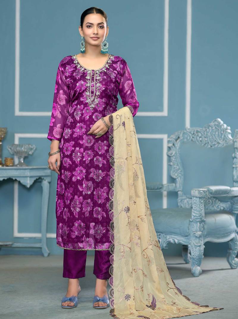Purple woven viscose semi stitched churidar dress-materials
