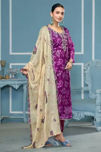 Purple woven viscose churidar dress-materials