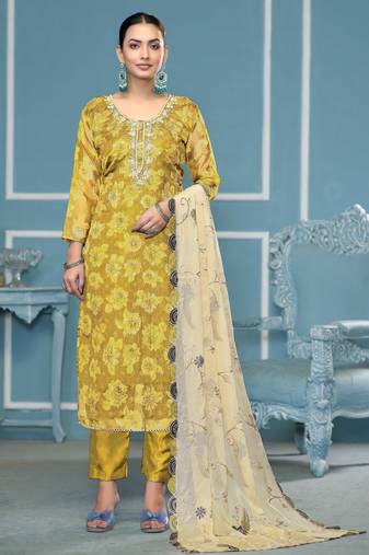 Mustard woven viscose semi stitched churidar dress-materials
