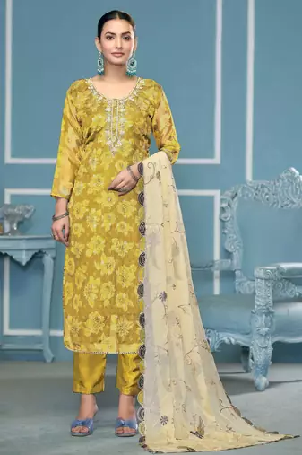 Mustard woven viscose semi stitched churidar dress-materials