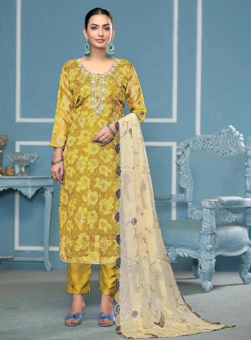 Mustard woven viscose semi stitched churidar dress-materials