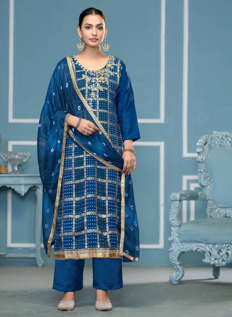Blue woven cotton silk semi stitched churidar dress-materials