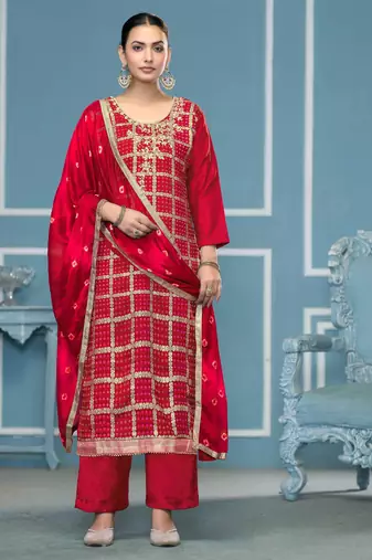 Red woven cotton silk semi stitched churidar dress-materials