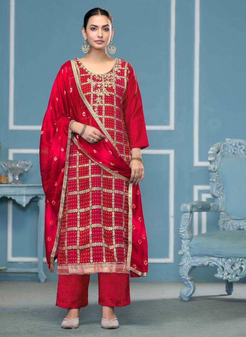 Red woven cotton silk semi stitched churidar dress-materials
