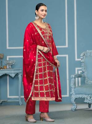 Red woven cotton silk churidar dress-materials 4