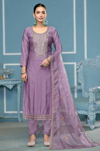 Purple embroidered cotton silk semi stitched churidar dress-materials