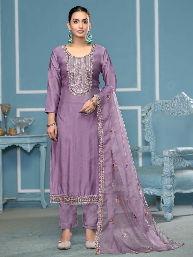 Purple embroidered cotton silk semi stitched churidar dress-materials