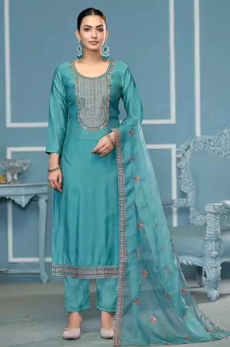 Sky-blue embroidered cotton silk semi stitched churidar dress-materials