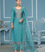 Sky-blue embroidered cotton silk semi stitched churidar dress-materials