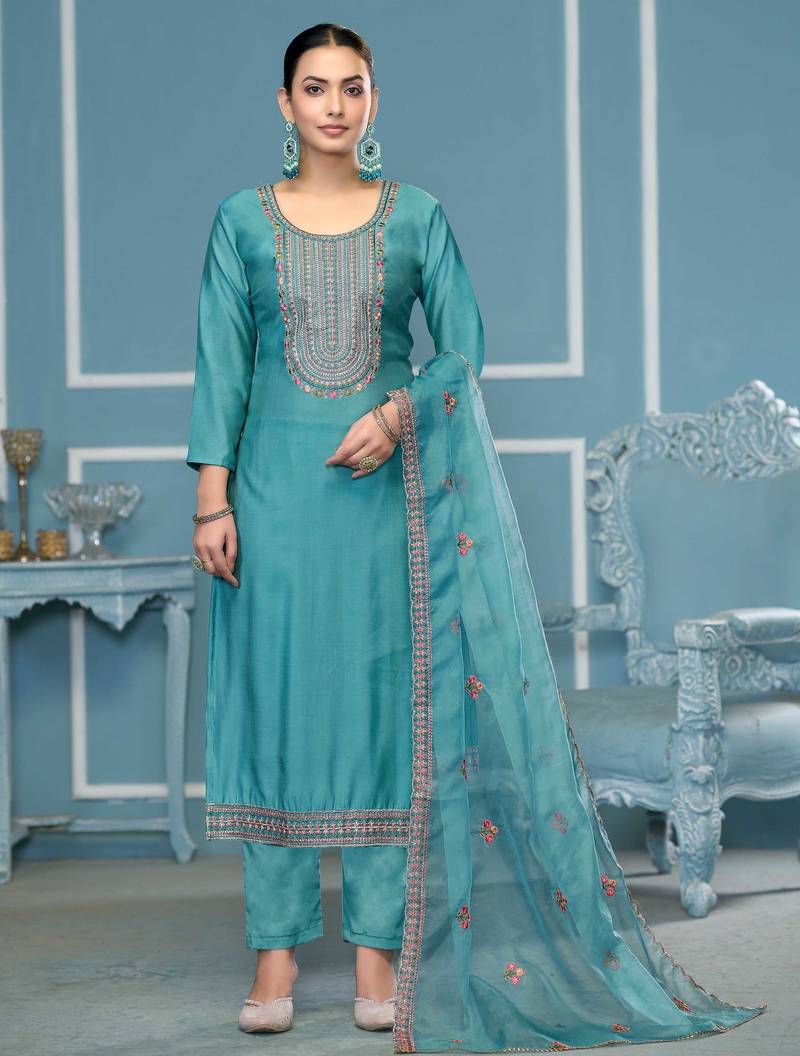 Sky-blue embroidered cotton silk semi stitched churidar dress-materials