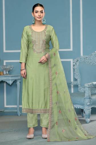 Light-green embroidered cotton silk semi stitched churidar dress-materials