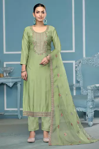 Light-green embroidered cotton silk semi stitched churidar dress-materials