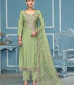 Light-green embroidered cotton silk semi stitched churidar dress-materials