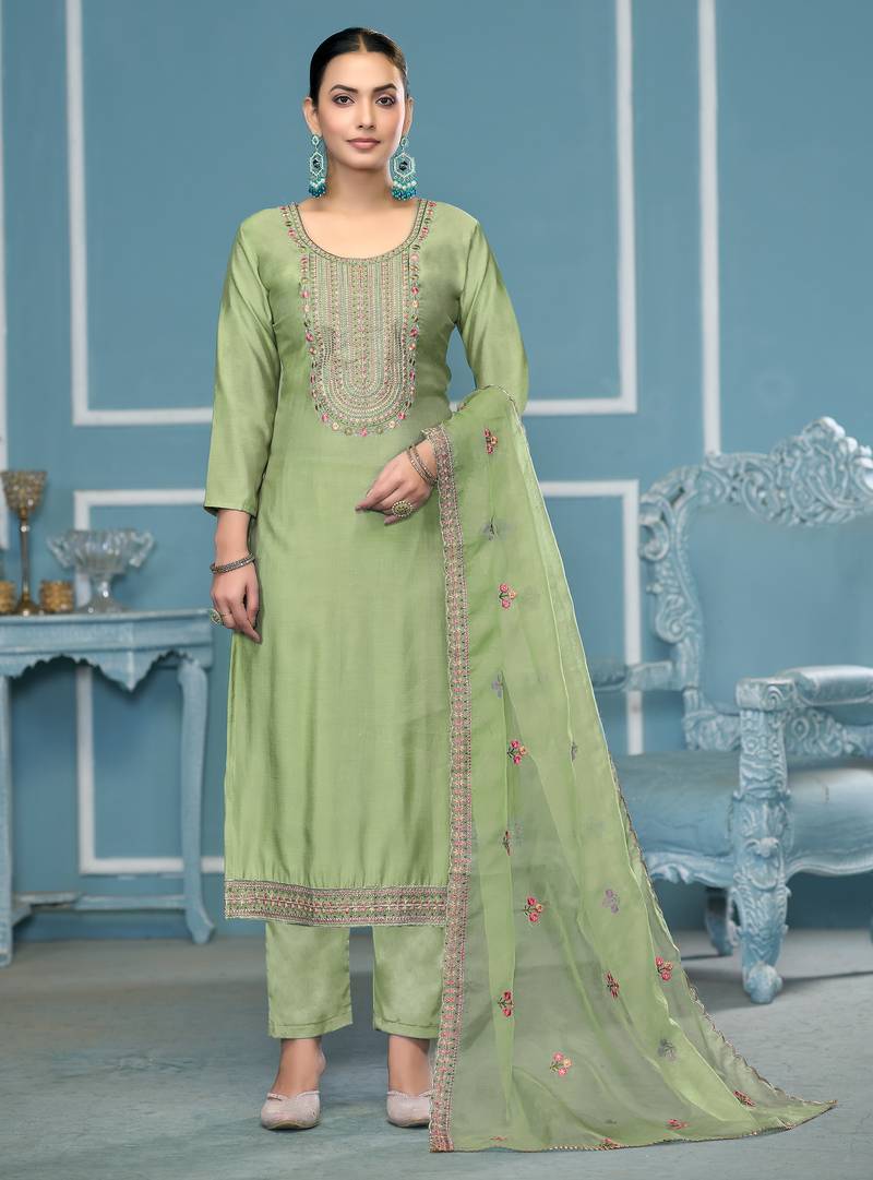 Light-green embroidered cotton silk semi stitched churidar dress-materials