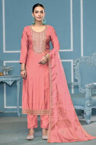 Peach embroidered cotton silk semi stitched churidar dress-materials