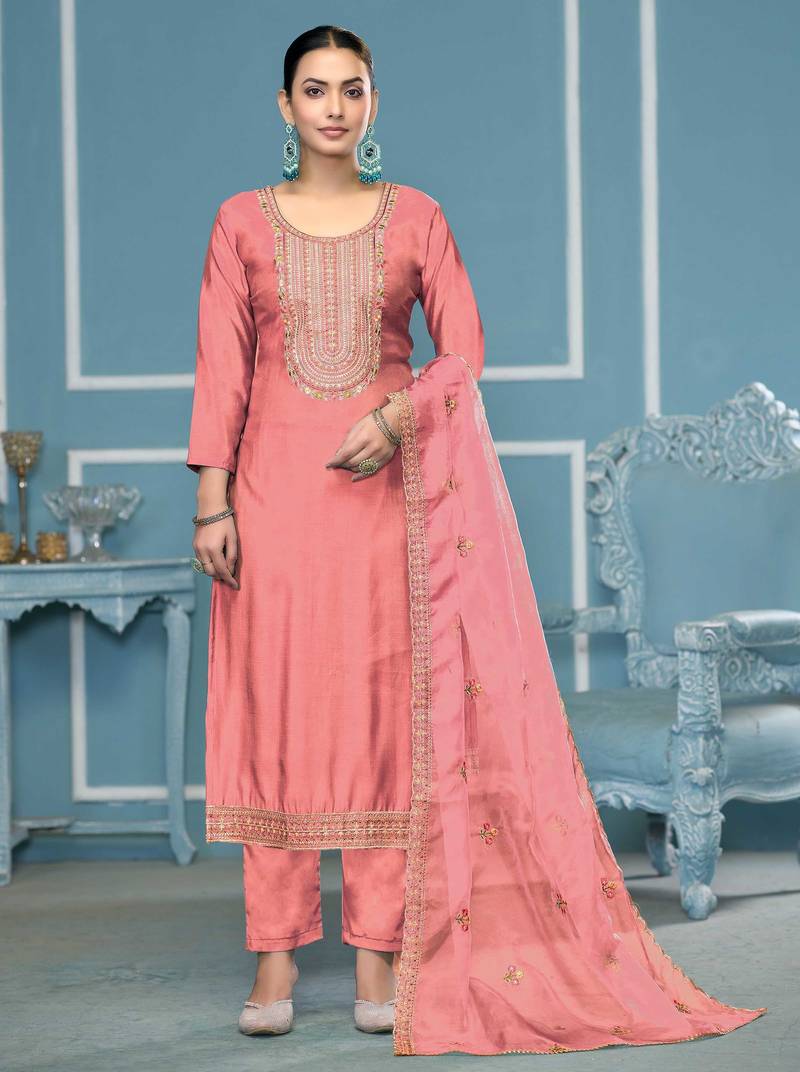 Peach embroidered cotton silk semi stitched churidar dress-materials