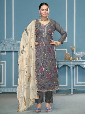 Grey sequins organza churidar dress-materials 1