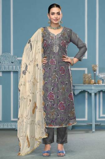 Grey sequins organza semi stitched churidar dress-materials