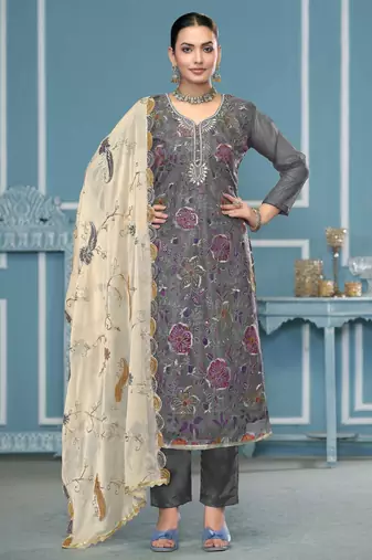 Grey sequins organza semi stitched churidar dress-materials
