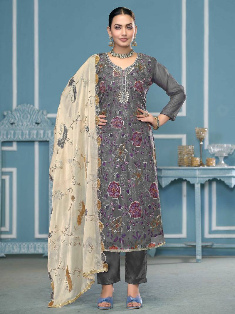 Grey sequins organza semi stitched churidar dress-materials