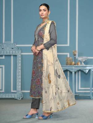 Grey sequins organza churidar dress-materials 2