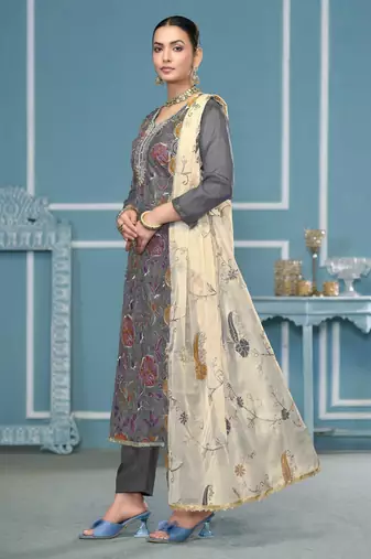 Grey sequins organza churidar dress-materials