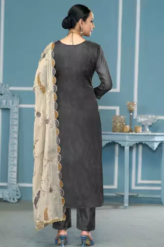 Grey sequins organza churidar dress-materials