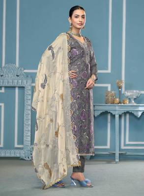 Grey sequins organza churidar dress-materials 4