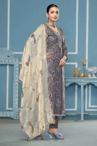 Grey sequins organza churidar dress-materials