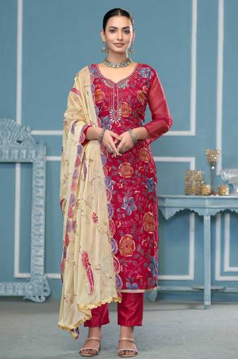 Pink sequins organza semi stitched churidar dress-materials