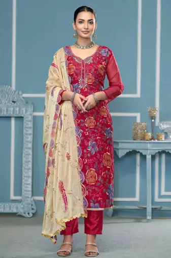 Pink sequins organza semi stitched churidar dress-materials