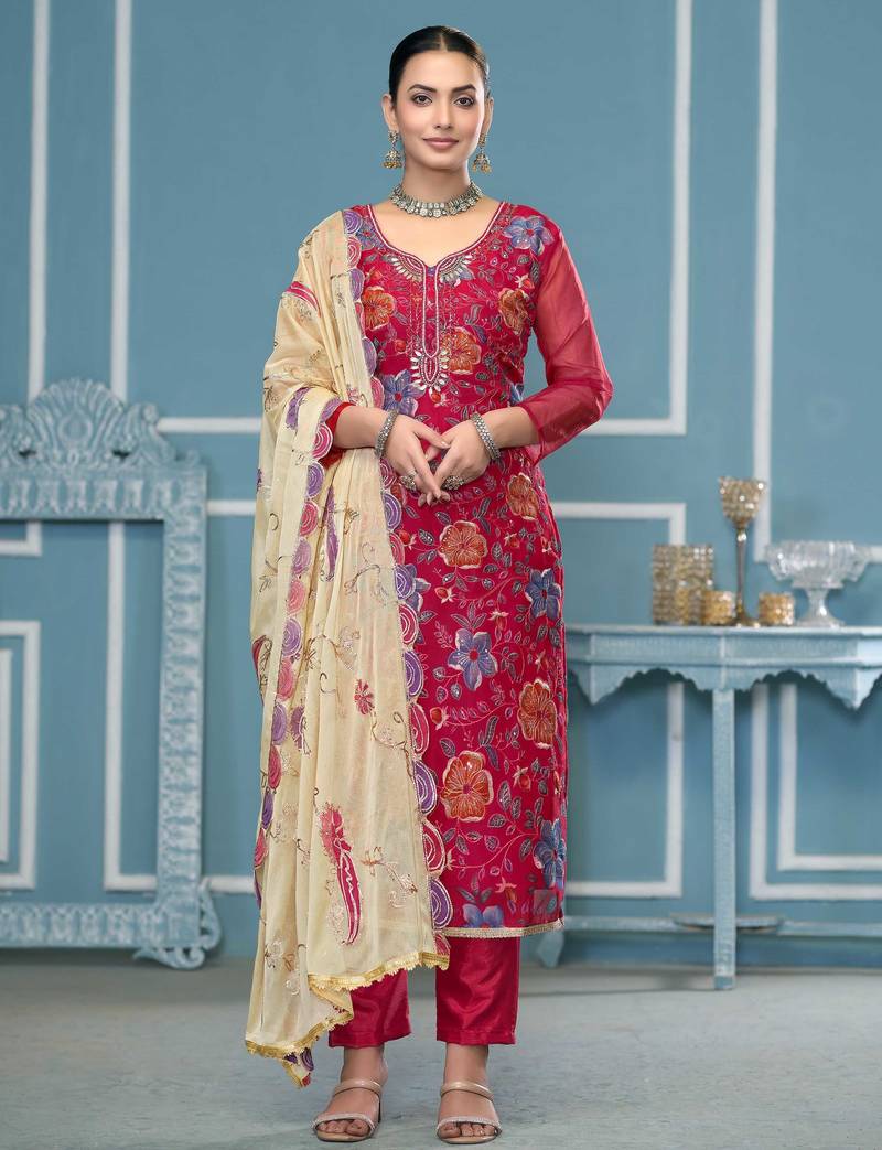 Pink sequins organza semi stitched churidar dress-materials