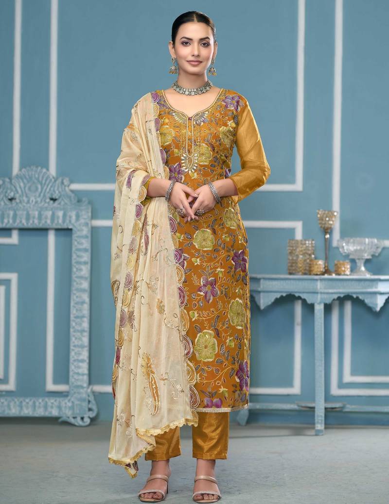 Mustard sequins organza semi stitched churidar dress-materials