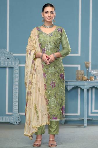 Light-green sequins organza semi stitched churidar dress-materials