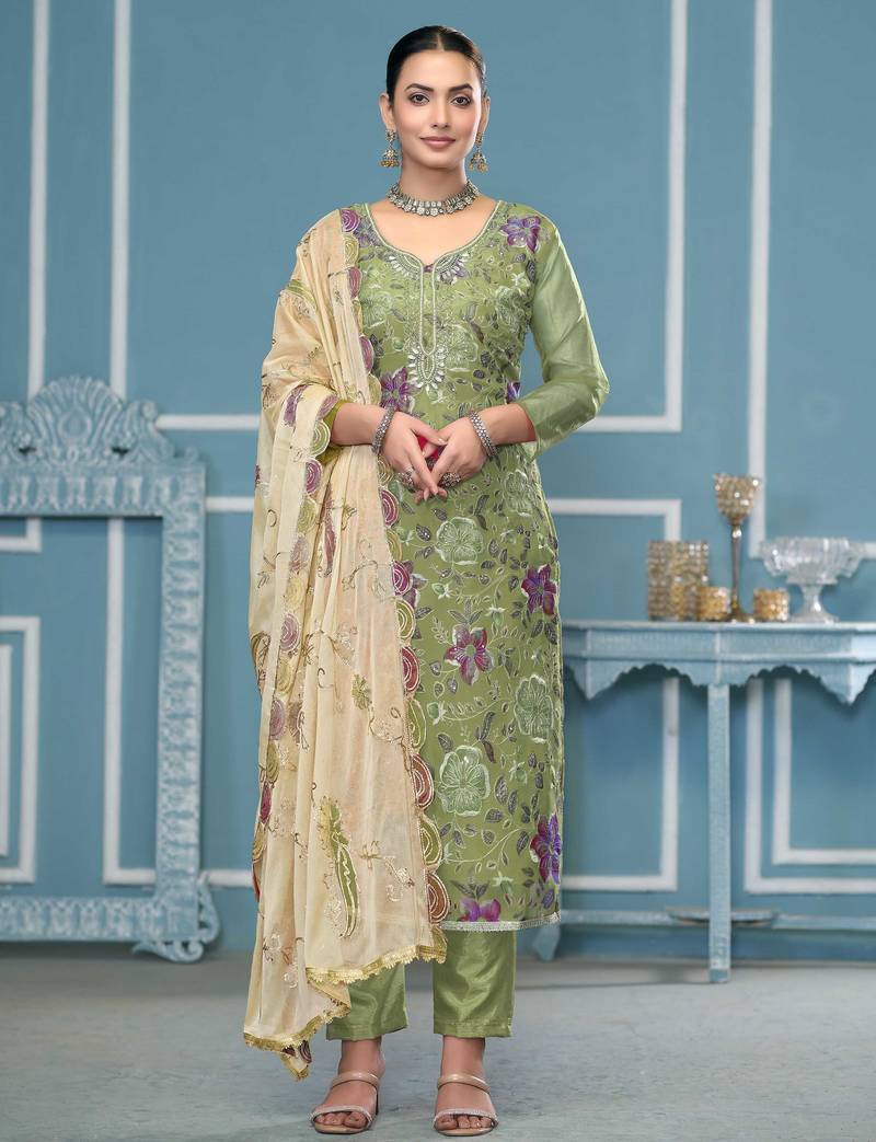 Light-green sequins organza semi stitched churidar dress-materials