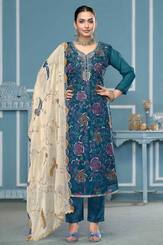 Blue sequins organza semi stitched churidar dress-materials