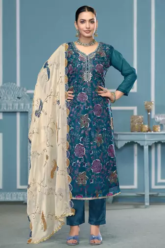 Blue sequins organza semi stitched churidar dress-materials