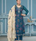 Blue sequins organza semi stitched churidar dress-materials