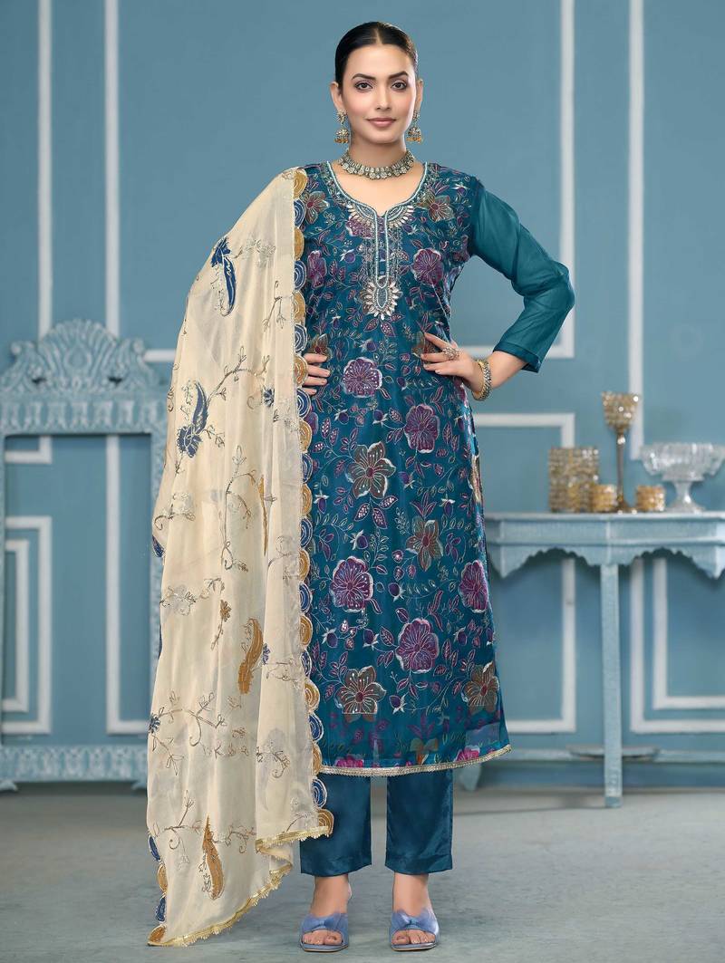 Blue sequins organza semi stitched churidar dress-materials