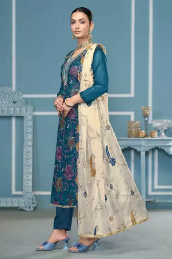 Blue sequins organza semi stitched churidar dress-materials