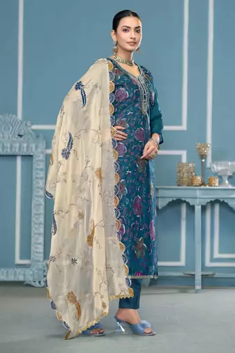 Blue sequins organza semi stitched churidar dress-materials