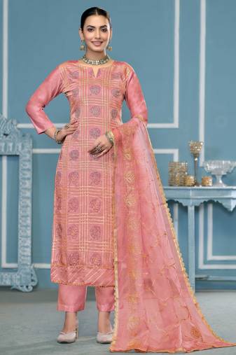 Peach embroidered cotton silk semi stitched churidar dress-materials