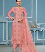 Peach embroidered cotton silk semi stitched churidar dress-materials