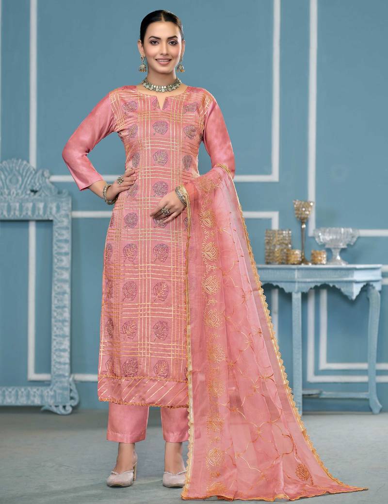 Peach embroidered cotton silk semi stitched churidar dress-materials