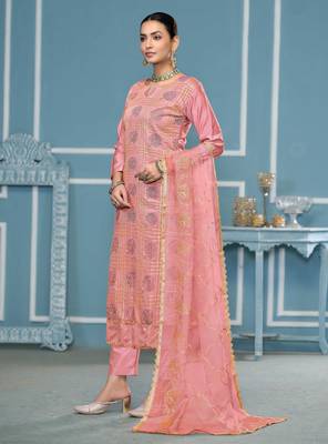 Peach embroidered cotton silk churidar dress-materials 2
