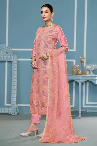 Peach embroidered cotton silk churidar dress-materials