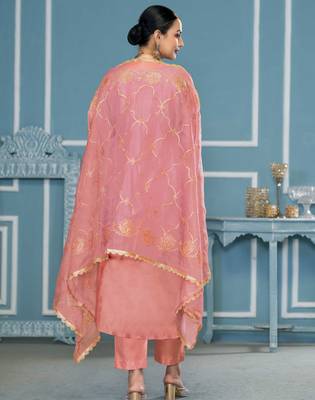 Peach embroidered cotton silk churidar dress-materials 3